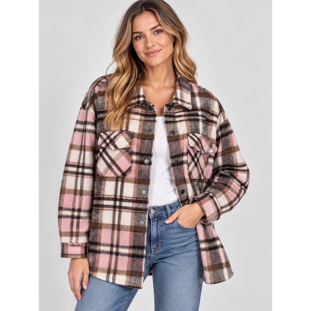 Pink Brown Plaid Shacket Oversized Button Up Shirt Jacket 2XL